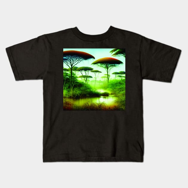 Landscape Painting with Tropical Plants and Lake, Scenery Nature Kids T-Shirt by Promen Art